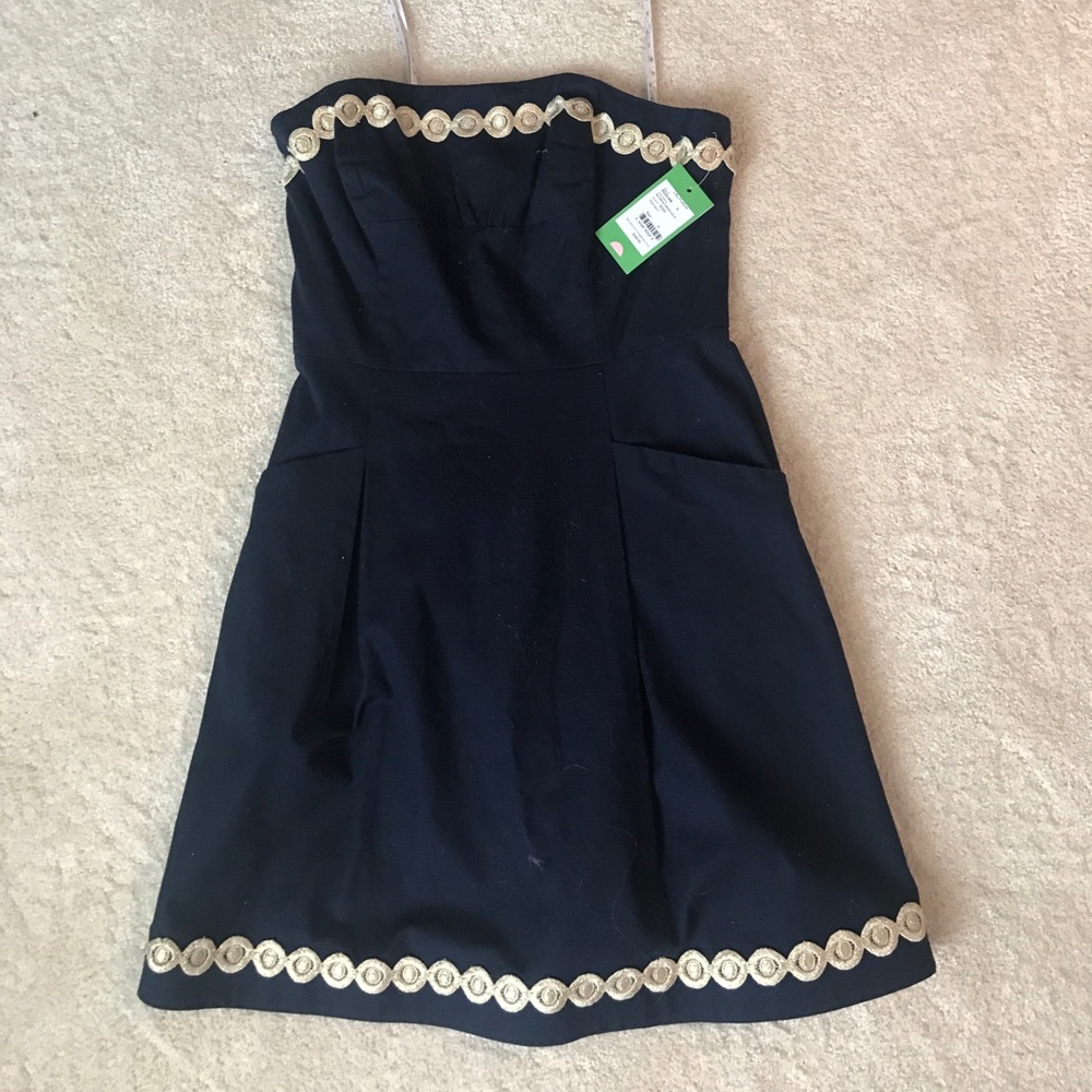 Lilly Pulitzer Strapless Dress in Navy with Gold Trim